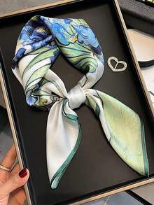 1条鸢尾花印花仿丝缎方巾，法式艺术风格，70厘米方形领巾，优雅复古，适合日常佩戴，春秋季节适用。 - 彩色 - 查看 3