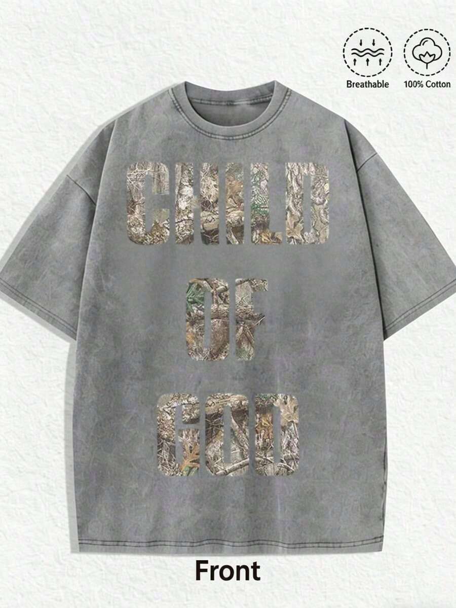 Nueva camiseta de moda para hombres de primavera y verano, 100% algodón lavado de alto gramaje, camisetas virales con estampado de camuflaje interesante "Child Of God", camisetas unisex casuales de temporada, camisetas de manga corta de algodón lavado ácido con cuello redondo, camisetas de ropa urbana cristiana y para uso diario, regalos religiosos, afiliados. - Gris - Ver 1