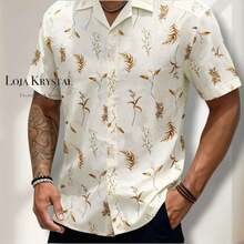 JL Men's Hawaiian Floral Beach Shirt, Short Sleeve, Button-Down, Spring And Summer - Floral 26-Bege - 查看 2