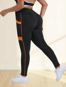 Plus Size Women High Waist Lifting Yoga Pants, Contrast Color Design, Side Pockets, Tight Fit Leggings For Running, Training, Casual Sports - Orange - View 8