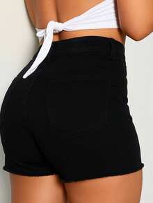Women's Vacation Style Pockets Distressed Frayed High Waist Denim Shorts Casual Black Summer - Black - View 4