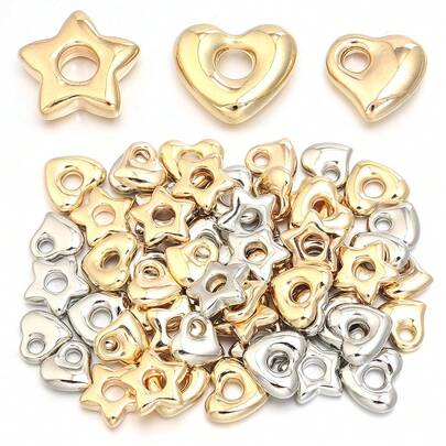 50 piezas de cuentas CCB perforadas con forma de corazón y pentágono, cuentas espaciadoras de moda en dorado y rosa para hacer joyas DIY, para collares, colgantes, accesorios decorativos