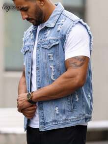 Men's Light Wash Distressed Denim Vest, Sleeveless Frayed Edge Ripped Jean Jacket, Casual Streetwear Utility Pocket Waistcoat For Urban Daily & Outdoor Wear - 淺藍色 - 查看 1