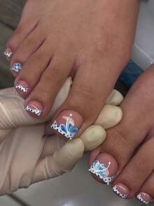 24pcs Adhesive Toe Nail Stickers, Transparent Blue Floral Polka Dot Design, Fresh & Whitening For Summer, Reusable, 1 Nail File + 1 Jelly Gel Included Press On Nails - Baby Pink - View 5