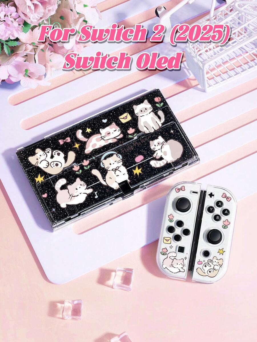 1 chiếc ốp lưng bảo vệ trong suốt lấp lánh họa tiết mèo hoạt hình, tương thích với máy chơi game 2 (2025) / Switch OLED và tay cầm Joy-Con, món quà tuyệt vời nhất dành cho người chơi Switch. - Nhiều màu - Xem 1