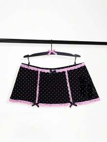 Women's Lace Patchwork Polka Dot Mini Skirt Set, Deep V Neck Backless Cami Top With Bow Half Skirt 2-Piece Set - Màu xanh lam - Xem 3