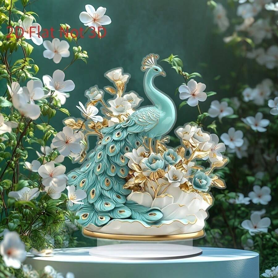 1件亚克力材质2D扁平孔雀摆件,绿蓝色,饰以花卉和金箔点缀,优雅的桌面摆件,奢华饰品 - A - 查看 1