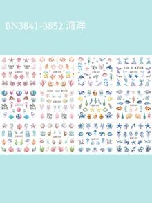 12张海洋主题精美美甲水转印贴纸，包含贝壳、海星、海马、水母和海藻图案，适合夏季美甲装饰。 - 彩色 - 查看 5