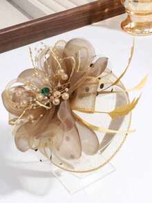 1pc Elegant Lady Feather Flower Faux Pearl Crystal Wide Headband, Suitable For Daily Gatherings Wearing, Hairband, Hair Hoop,Hair Accessories Headbands Head Accessories - 香檳酒 - 查看 5