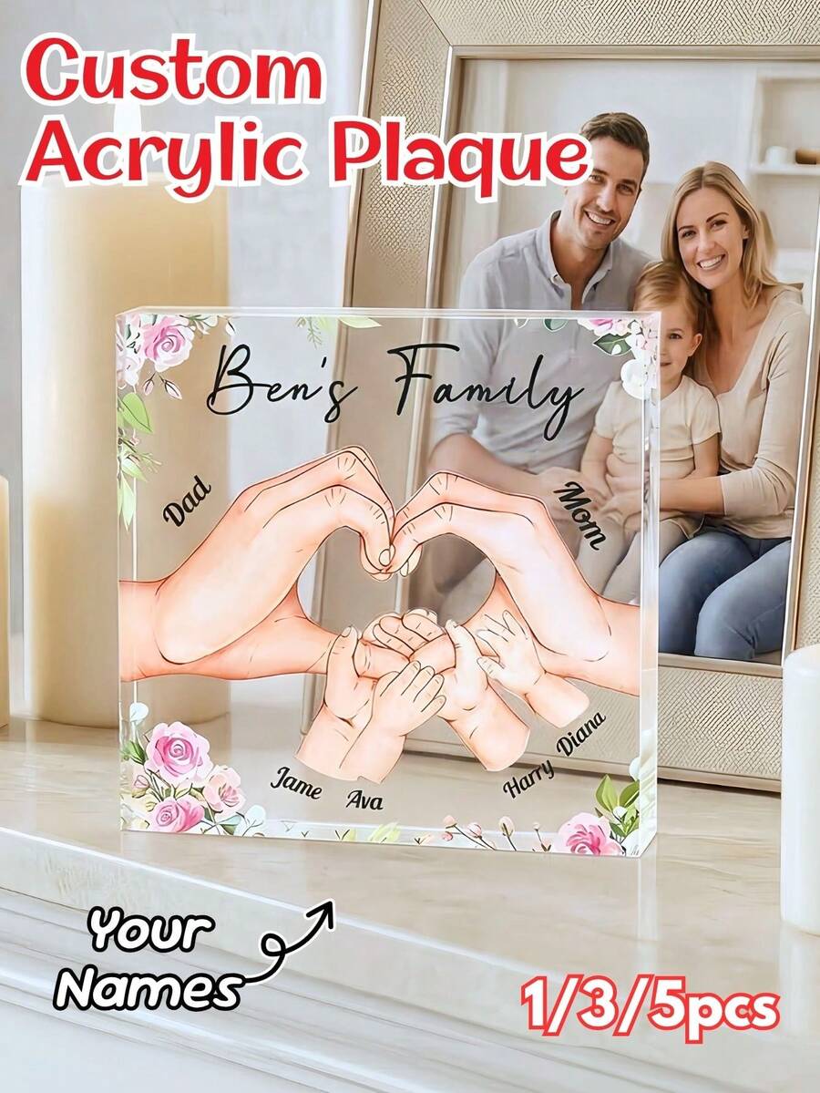 Tấm bảng vuông bằng acrylic khắc tên theo yêu cầu, hình ảnh gia đình nắm tay nhau, món quà lưu niệm độc đáo dành tặng mẹ, bố, bà, ông, quà tặng nhân Ngày của Mẹ, Ngày của Cha, sinh nhật, kỷ niệm. - Nhiều màu - Xem 1