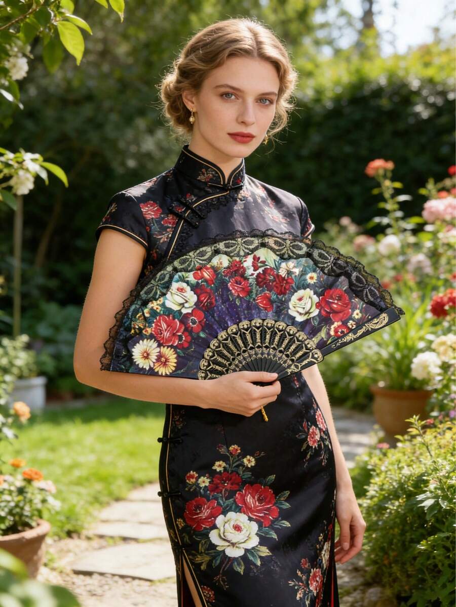 Quạt xếp nhựa viền ren kiểu Tây Ban Nha, quạt cầm tay bằng vải in họa tiết kiểu châu Âu dành cho khiêu vũ cổ điển, quạt quà tặng bằng lụa thanh lịch, đạo cụ khiêu vũ cổ điển và phụ kiện làm mát thời trang, mùa hè, ngày lễ. - Nhiều màu - Xem 1