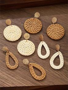 Xiacheng 1/4 pares de pendientes de ratán para pendientes geométricos de declaración ligeros, pendientes colgantes de gota de trenza de paja y mimbre hechos a mano, regalo del Día de la Madre - palma de arroz - Ver 3