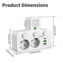 Bộ chuyển đổi ổ cắm điện mở rộng có cổng USB C và 2 ổ cắm AC, ổ cắm đa năng 2500W với công tắc riêng và đèn ngủ LED. - Phích cắm loại EU E (220-240V) - Xem 5