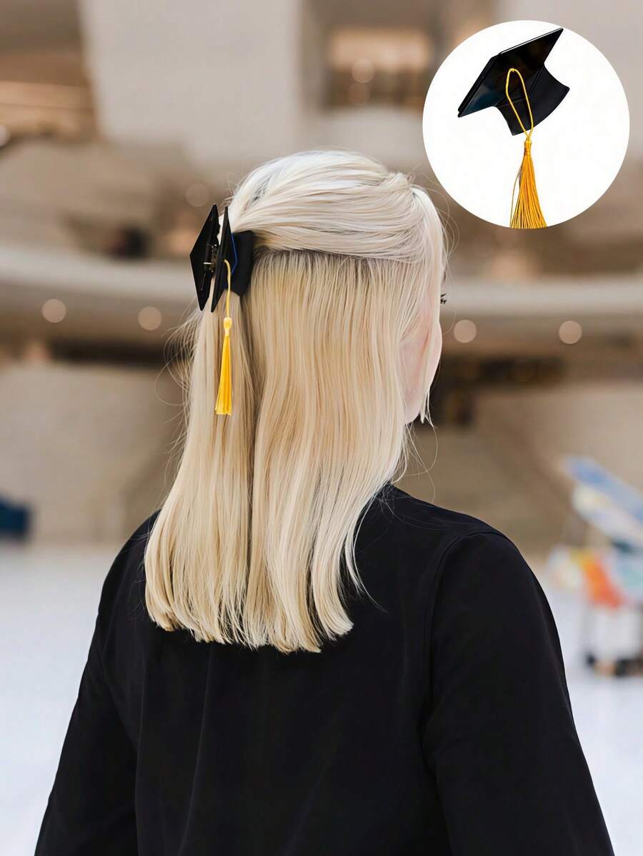 Pinza para el cabello en forma de birrete de graduación en miniatura negro, accesorios para el cabello de niñas, accesorios para fotos de graduación, temporada de graduación, regalo de graduación, regalo único - Pinza para el cabello con forma de birrete de graduación - Ver 1