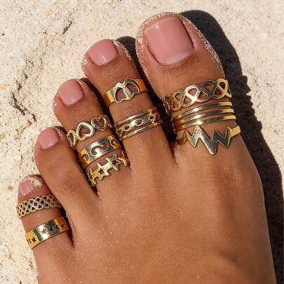 10Pcs Bohemian Hollow Star Moon Toe Ring Vintage Gold Color Adjustable Wide Opening Ring Women's Summer Beach Jewelry