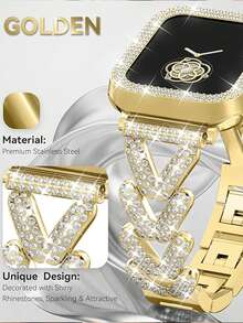 1 Pc/Set Watch Band & Case, 41mm, Women's Jewelry-Style Shiny Diamond Metal Gold Watch Band With Protective Case, For Apple Watch Series Ultra SE 11/10/9/8/7, Rose Gold, Compatible With Apple Watch Bands 38mm, 40mm, 41mm, 42mm, 44mm, 45mm, 49mm. Women's Jewelry Replacement Metal Wristband With Shiny Watch Case, Shiny Women's Watch Band Accessory,Summer - Gold - View 7