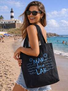 Ecobag Preta Mar doce Lar Bolsa de Moda Praia Sacola Feminina Ecológica Algodão Cru Tote Bag - Preto - Visão 3