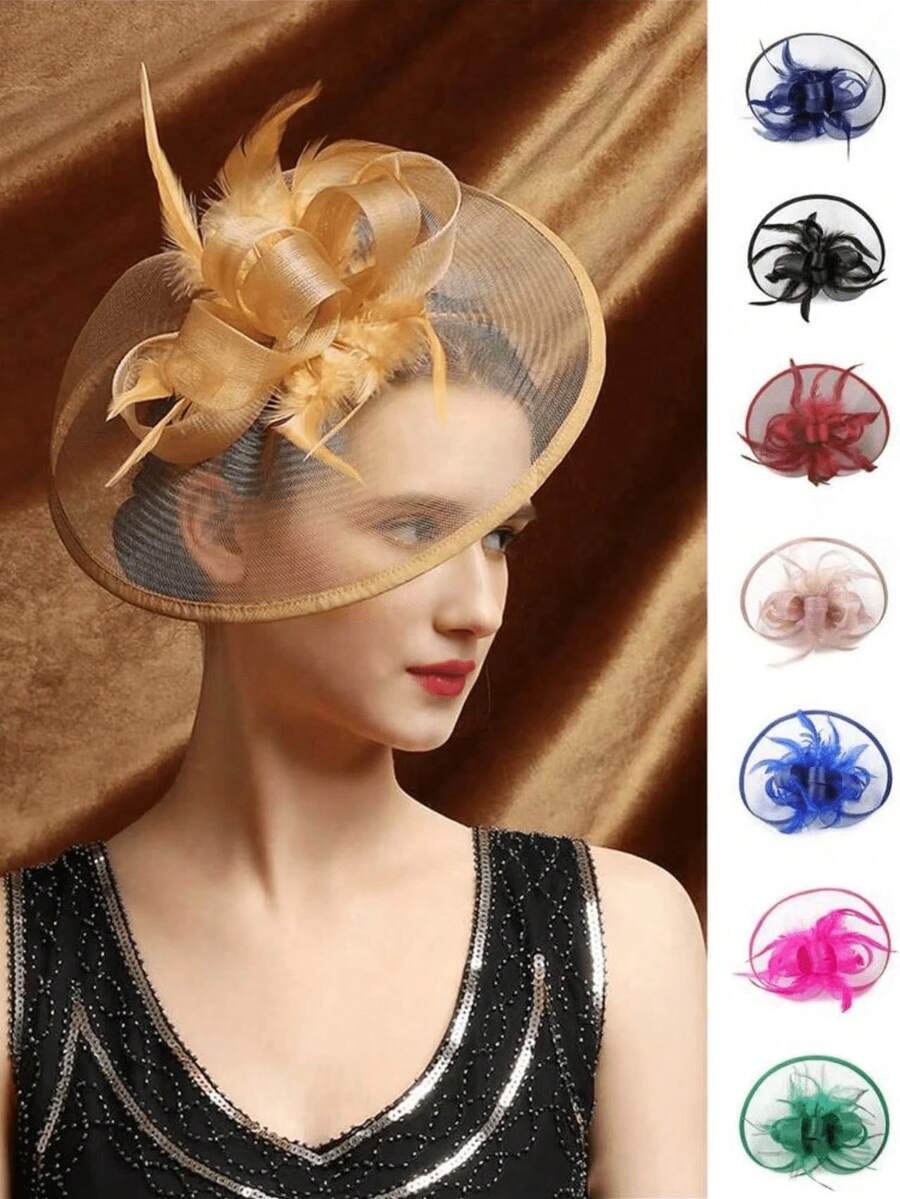 1 Stück Feder Fascinator Hut mit Clip, Cocktail-/Teegesellschaft Kopfbedeckung für Frauen, geeignet für Mädchen und Damen, ganzjährig, Haarzubehör, Derby Hut/Mini Hut/Fascinator/Mini Zylinder/Mini Baskenmütze, Schulmaterial, Geschenke, Hochzeit, Abendparty - A - Übersicht 1
