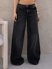 Women's Wide Leg Jeans With A Loose And Comfortable Fit - 深色水洗藍 - 查看 5