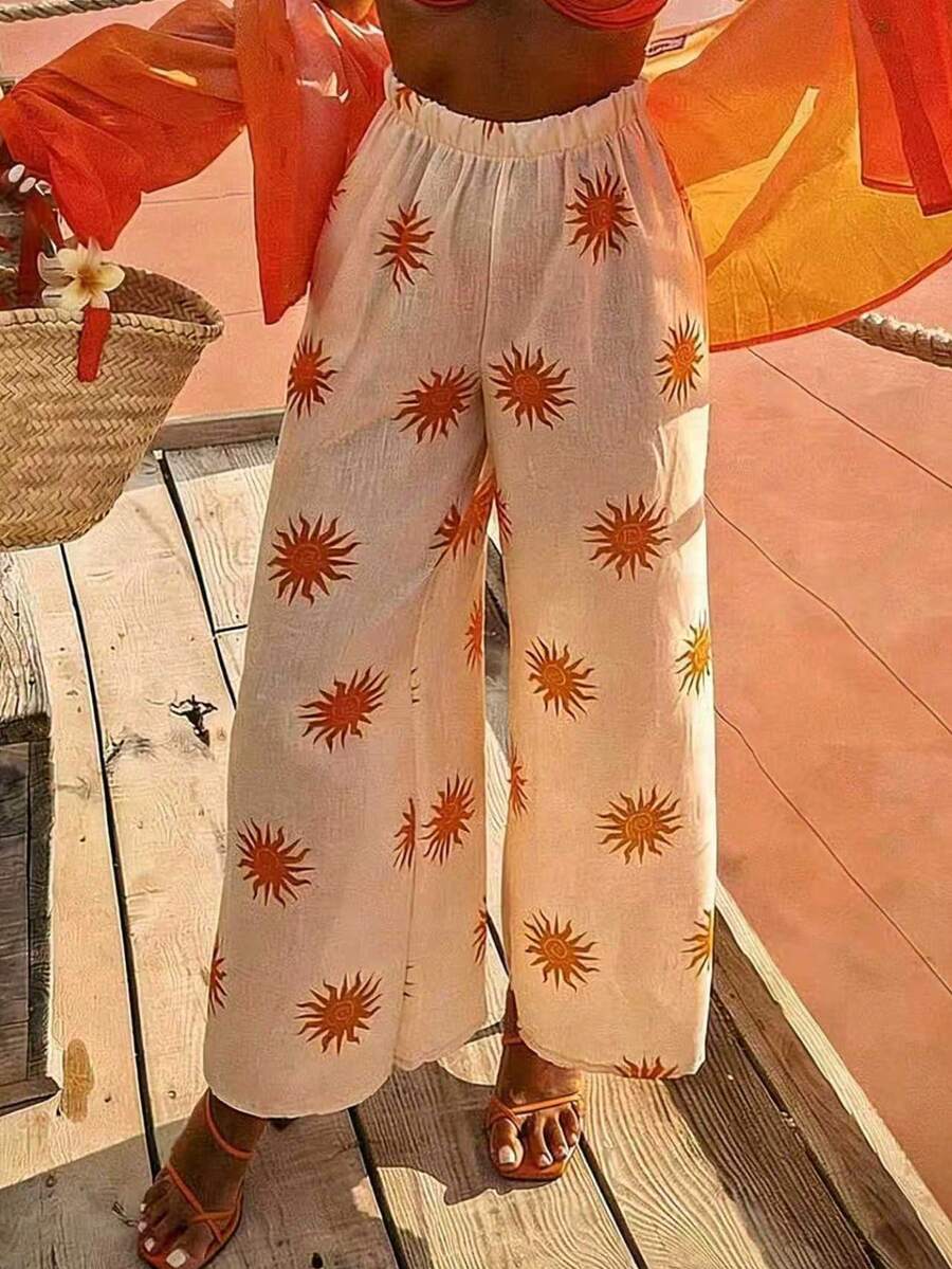 粉色向日葵印花休闲宽松长裤，带口袋，女士夏季服装，度假及海滩装扮，春季 - 杏色 - 查看 1