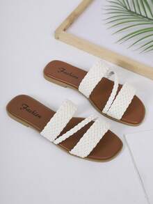 女士编织带凉拖鞋，休闲方头平底拖鞋，适合夏季海滩和日常穿着 - 白色 - 查看 6