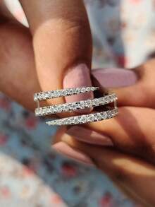 1pc 925 Sterling Silver Exquisite Criss-Cross Triple Circle Rhinestone Ring, Elegant Jewelry Gift For Women - Cross Three Circles Full Diamond Ring - View 5