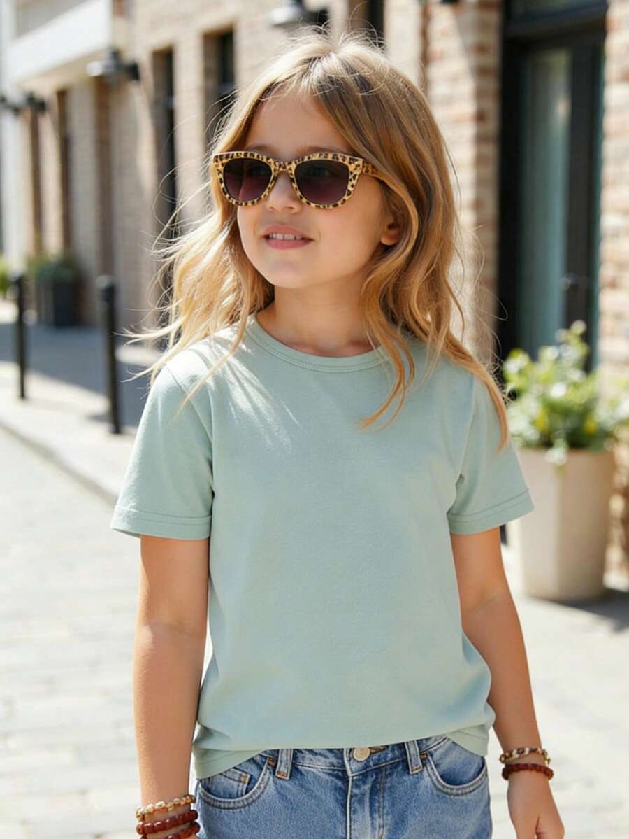 Young Girl Plain Round Neck Short Sleeve Casual Versatile T-Shirt - Mint Green - View 1