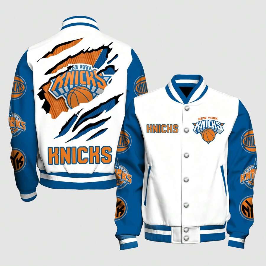 Men's N-B-A  New York Knicks Claw Tear Graphic Print Varsity Jacket Unisex Vintage Letterman Baseball Jacket Game Day Basketball Fan Gear Casual Streetwear Full Snap Outerwear - phong cách - Xem 1