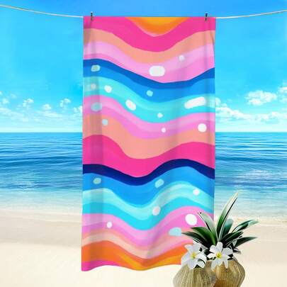 1pc Pink & Blue Wavy Striped Pattern Beach Towel, Super Absorbent Quick Dry Bath Towel, Lightweight Soft Beach Blanket, Suitable For Beach, Swimming, Outdoor Camping Travel, Ideal Beach Essential