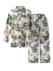 2pcs Vintage Print Set, Comfortable & Versatile, With Lapel Wide-Leg Pants; Suitable For Airport, Island Vacation Or Daily Shopping Spring - 橄欖綠 - 查看 10