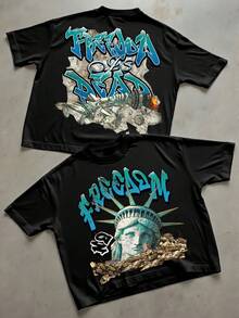 Nuevas camisetas de moda para hombre de primavera y verano con estampados de estilo urbano - diseño "Liberty", que presenta la Estatua de la Libertad y una calavera, corte holgado, cuello redondo, ropa casual de verano, tejido de punto de poliéster. - Blanco - Ver 2