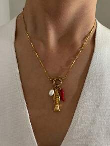 Monlansher New Arrival Women's Stainless Steel Necklace With Unique Fish, Pearl, Chili Pepper Pendant Design, Bohemian Style Fashion Necklace For Holiday, Vacation, And Daily Wear - Multicolor - View 1