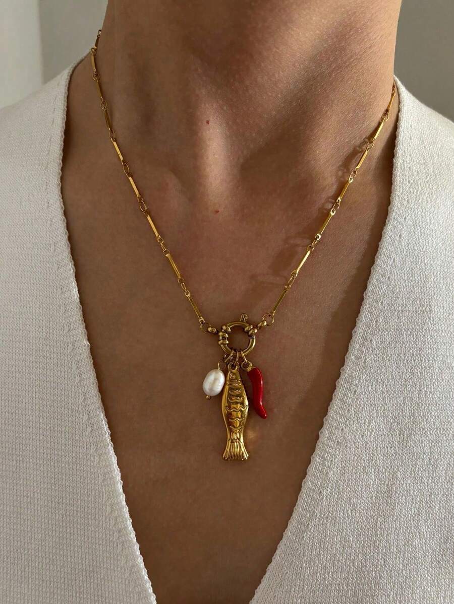 Monlansher New Arrival Women's Stainless Steel Necklace With Unique Fish, Pearl, Chili Pepper Pendant Design, Bohemian Style Fashion Necklace For Holiday, Vacation, And Daily Wear - Multicolor - View 1
