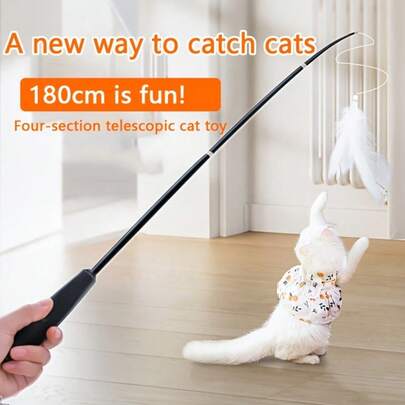 Vara de juguete retráctil para gatos de 4 secciones con plumas artificiales, poste retráctil, cascabel y plumas de fibra de poliéster - Vara de juego interactivo para gatos, uso en interiores/exteriores (sin batería requerida)