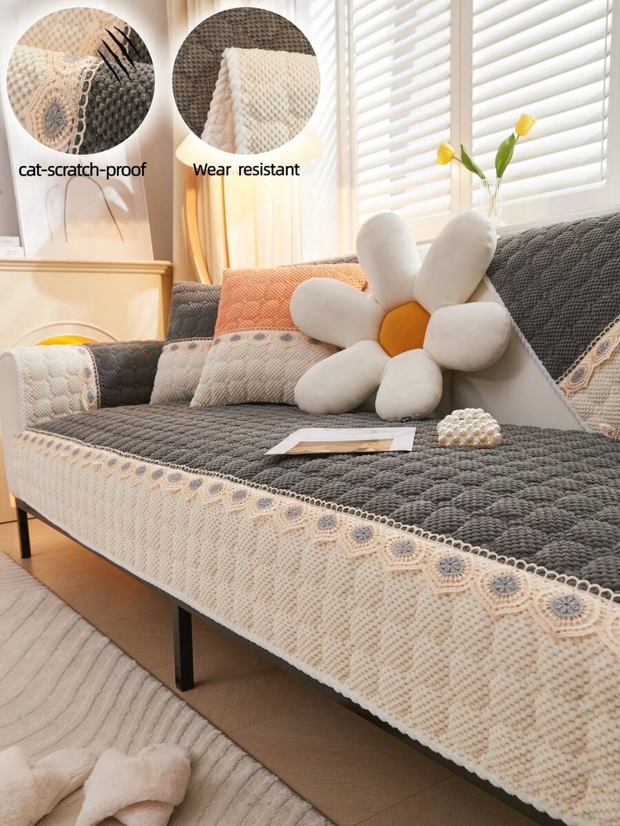 1pc Solid Color Jacquard Sofa Cushion, Luxury Minimalist Sofa Cover, Non-Slip Sofa Throw Blanket, Protects Sofa, Wrinkle-Resistant, Soft & Comfortable, Anti-Pilling, Durable, Decorative, Anti-Slip & Dust-Proof, Pet-Friendly, Suitable For Bedroom, Living Room, Office, All Seasons - Dark Grey - View 1