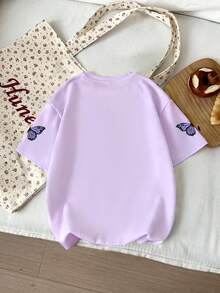 2pcs/Set "23" & Purple Butterfly Print T-Shirt And Shorts Set, Spring/Summer New Arrival Girls Outfit - Apricot - View 5