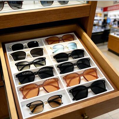 12-Slot Walnut Wood Grain Sunglasses Organizer Tray – Display Holder For Glasses, Eyeglasses, Watches, Ties, Countertop Storage For Home Or Retail