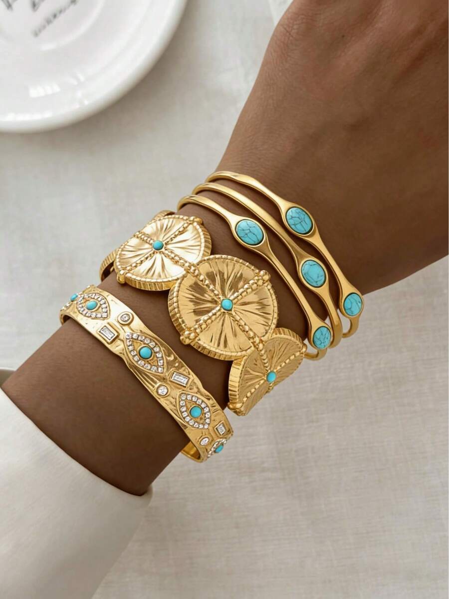 3pcs Vintage Luxury Wide Bangle Set Inlaid With Rhinestones & Faux Turquoise, Suitable For Women's Daily & Holiday Wear - Yellow Gold - View 1