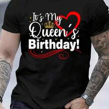 100_ Cotton  It's My Queen's Birthday Men Couples Matching Birthday T-Shirt Fashion Women's Men's  Graphic Tee Causal Tops - 紅色 - 查看 6