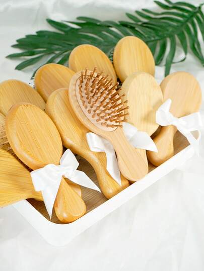 1pc/ 2pcs/ 3pcs Bamboo Mini Cushion Hair Brush With Bow, Compact Bamboo Bowknot Air Cushion Brush, Portable Small Paddle Brush With Decorative Bow – Natural Wood Detangling Brush For Women, For Purse, Travel, Gym, Office, Quick Styling – Perfect Valentine's Day, Birthday, Christmas, Anniversary Gift For Her, Friend, Sister, Daughter ( Natural Bamboo, Lightweight Mini) ﻿ ﻿