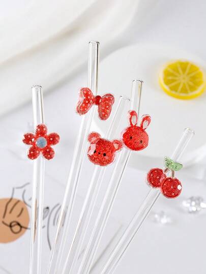 1pc Reusable Red Glitter Glass Straw | Cute Panda, Rabbit, Flower, Butterfly, Cherry Decor | Mother's Day, School Gift, Home Decor | Essential Kitchen Item For Gatherings, Includes Cleaning Brush