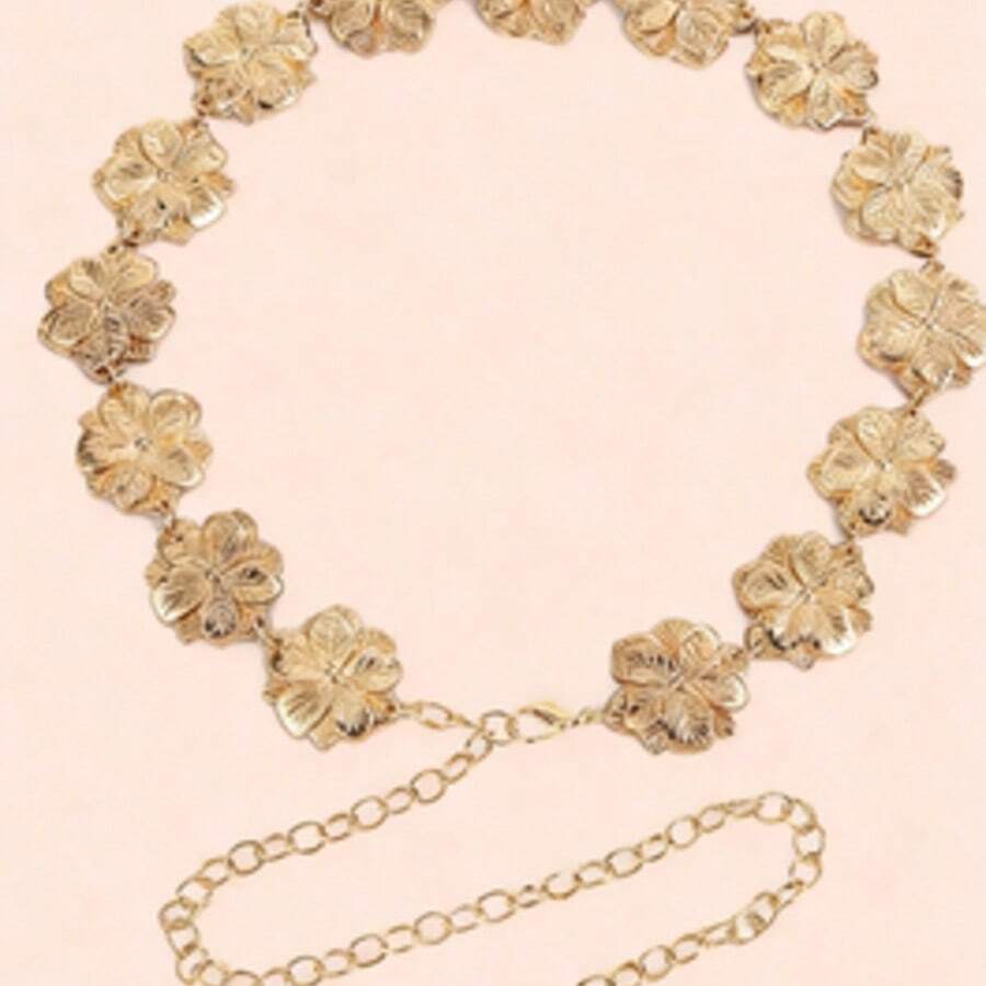 1 pieza Cadena para la cintura de mujer, Cinturón de Rhinestone, Cadena para la cintura con flor tallada vintage de oro rosa estilo bohemio, adecuada para combinar con vaqueros, faldas y vestidos de noche de estilo occidental, atuendos de verano - Dorado - Ver 1