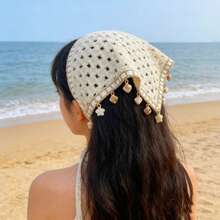 1pc Bohemian Style Korean Hollow Woven Shell Tassel Scarf, Women Summer Decorative Shawl Versatile Wrap, Ladies Beige Ocean Shell Tassel Knitted Hollow Lace Triangular Headband, Suitable For Daily Wear, Sports, Beach, Vacation - Starfish Sequins - View 9