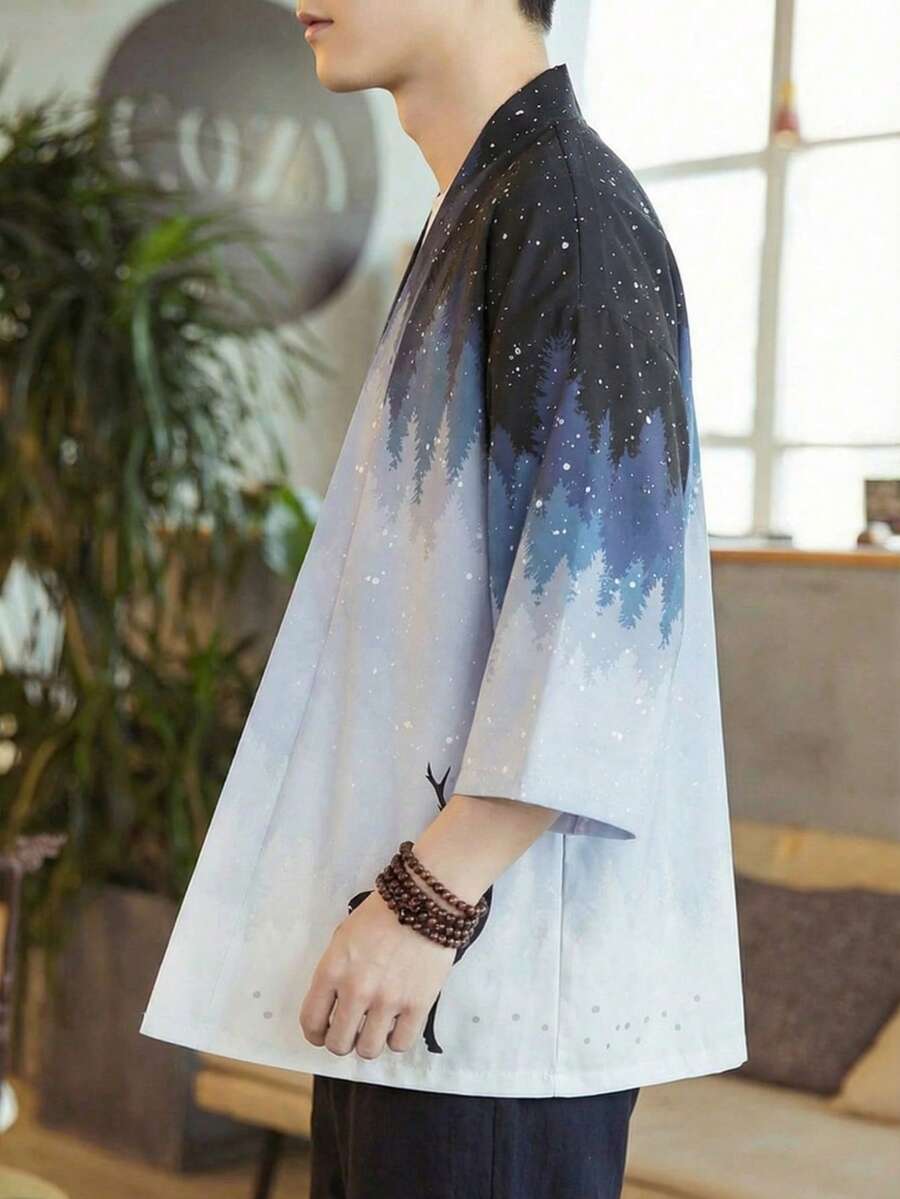 男士日式浮世繪漸層印花和服 - 彩色 - 查看 1