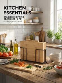 1 Set Bamboo Cutting Board, 4pcs Vegetable Chopping Board, Kitchen Anti-Cross Contamination Storage Rack, Chicken, Vegetable, Fish, Beef Dedicated Bamboo Cutting Board With Metal Rack, Tabletop Kitchen Organizer - Natural Wood Color - View 1