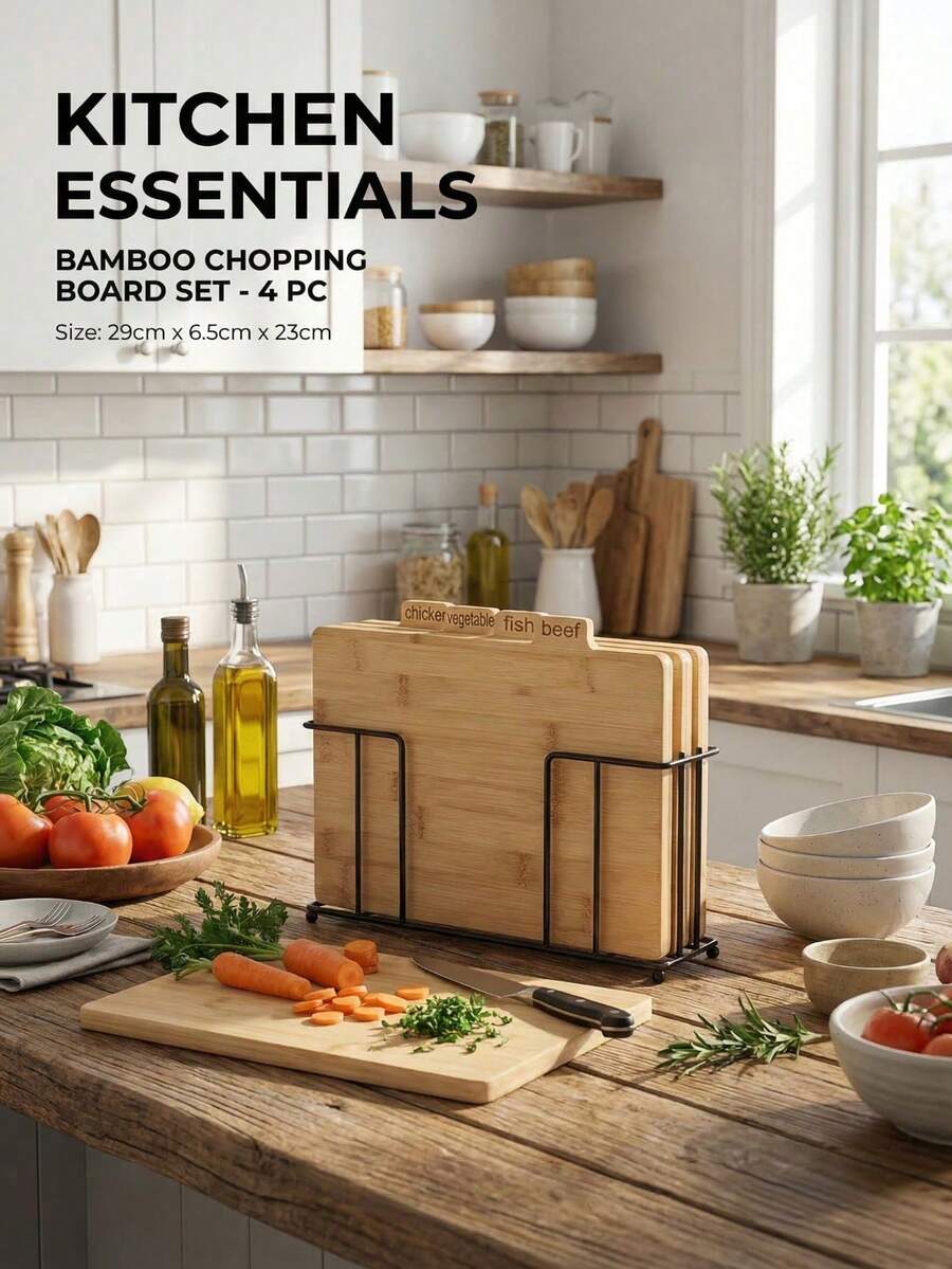 1 Set Bamboo Cutting Board, 4pcs Vegetable Chopping Board, Kitchen Anti-Cross Contamination Storage Rack, Chicken, Vegetable, Fish, Beef Dedicated Bamboo Cutting Board With Metal Rack, Tabletop Kitchen Organizer - Natural Wood Color - View 1