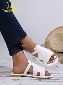 女士凉鞋，白色简约平底露趾拖鞋，夏季必备 - 白色 - 查看 5