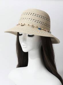 1pc Women's Handwoven Straw Hat, French Style Round Crown Flat Brim Cap, Round Top Bucket Hat, Summer Face-Slimming Sun Hat For Beach Vacation, Photo Shooting And Outdoor Use - Straw Hat - View 6