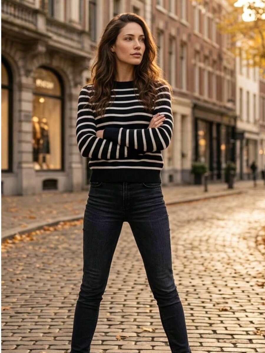 This Women's Striped Round-Neck Blouse Is Made Of Modal Fabric. - 黑白 - 查看 1