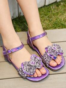 Girls' Glitter Rhinestone Bow Sandals - Open Toe Ankle Strap Princess Dress Shoes Suitable For Wedding, Birthday Party, Pageant - Purple - View 2